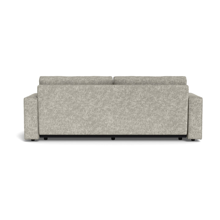 Vento sovesofa i lys grå chenille, sett rett bakfra mot hvit bakgrunn