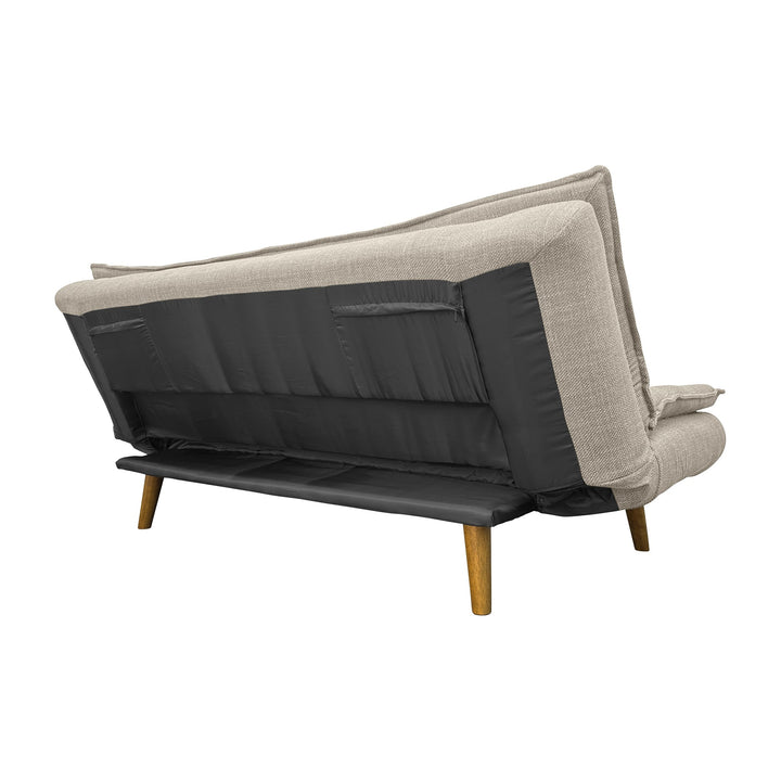 Gozzano sovesofa i beige stoff, nedfelt til seng, sett bakfra med treben