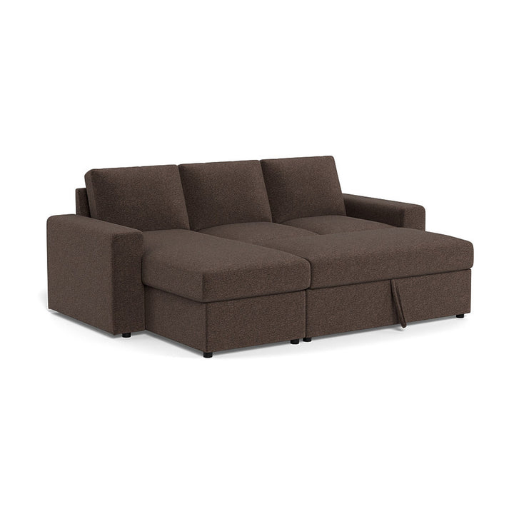 Conan sovesofa i mørkebrunt stoff, utfelt til soveplass med sjeselong