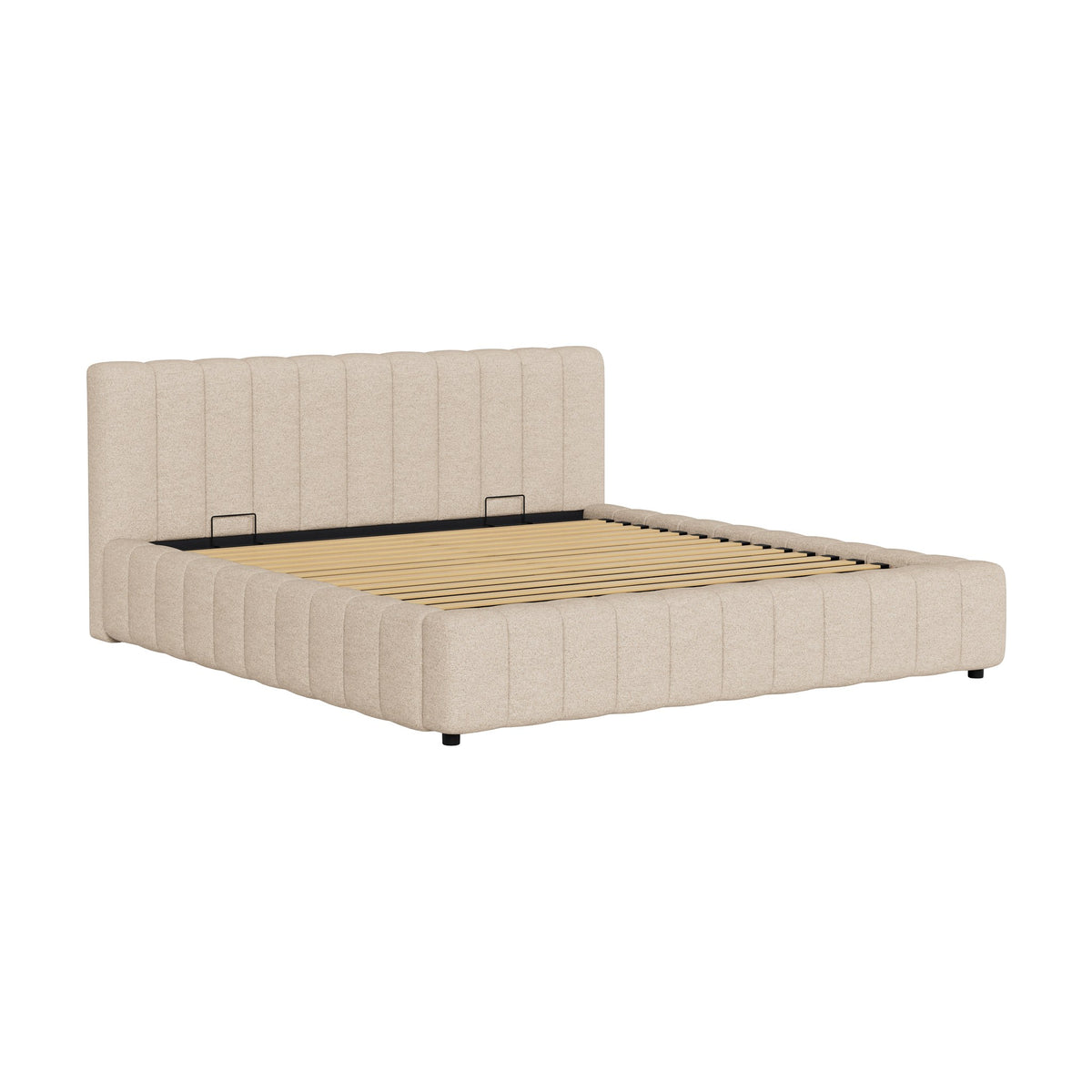 Lorris seng i beige bouclé med kanaltuftet gavl og sorte ben