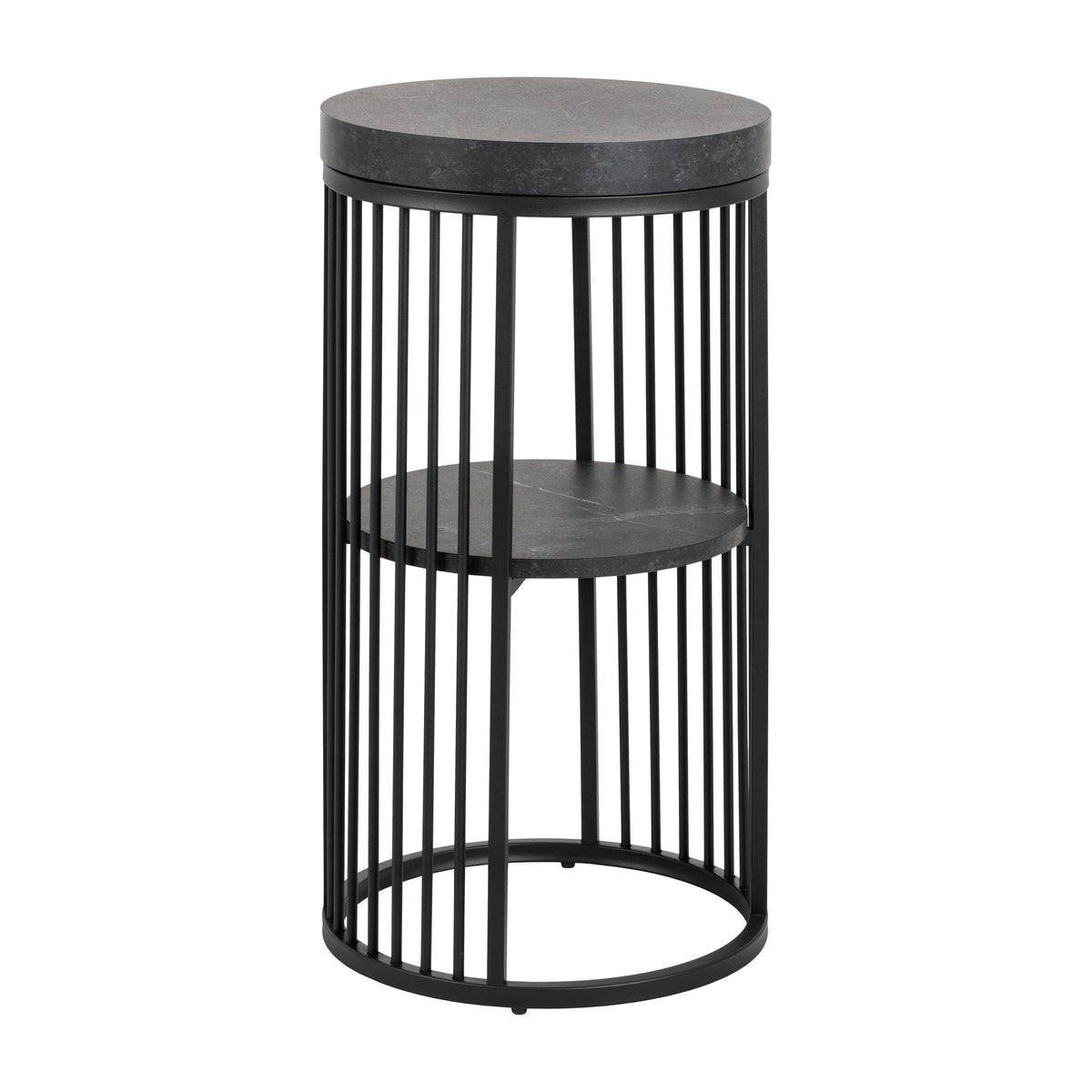 Strington nattbord med grå marmorlook plate og hylle på sort metallstativ