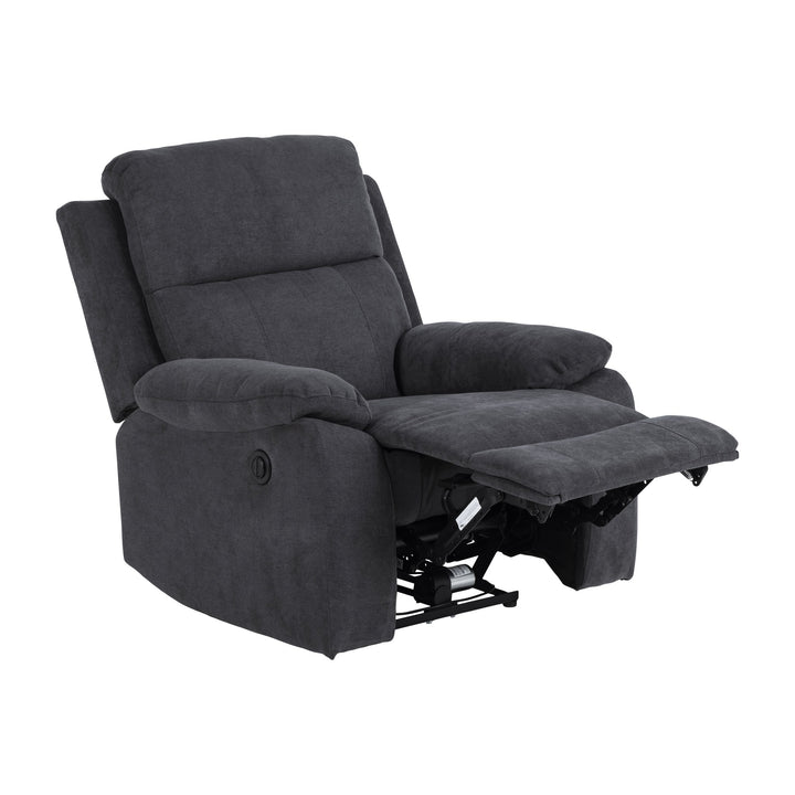Mora reclinerstol i mørk grå, sett fra siden med utfelt fotstøtte.