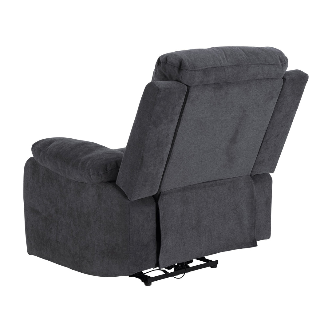 Mora reclinerstol i mørk grå, sett bakfra med utfelt fotstøtte.