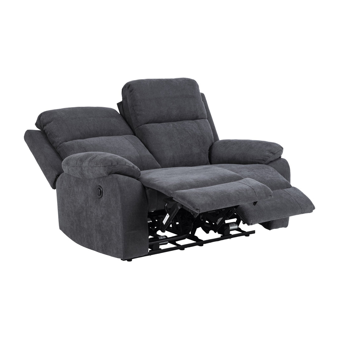 Mora reclinersofa i mørk grå, 2-seter med begge fotstøttene utfelt.