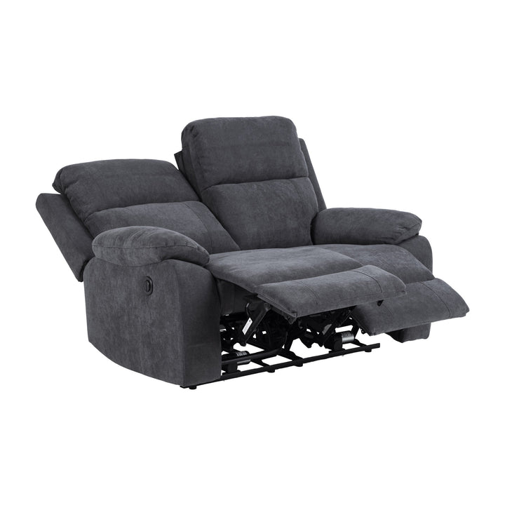 Mora reclinersofa i mørk grå, 2-seter med begge fotstøttene utfelt.