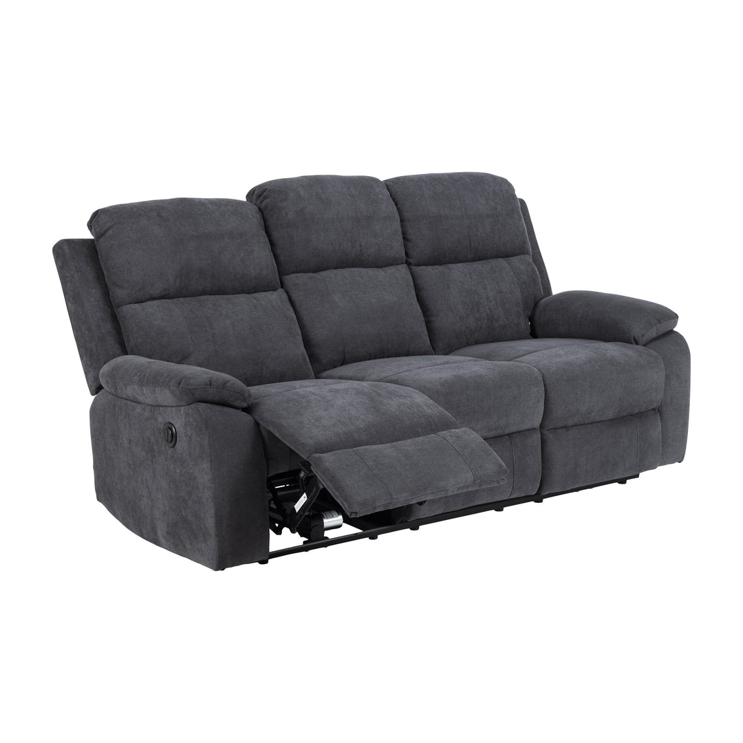 Mora reclinersofa i mørk grått stoff, 3-seter med én utfelt fotstøtte, sett skrått fra siden