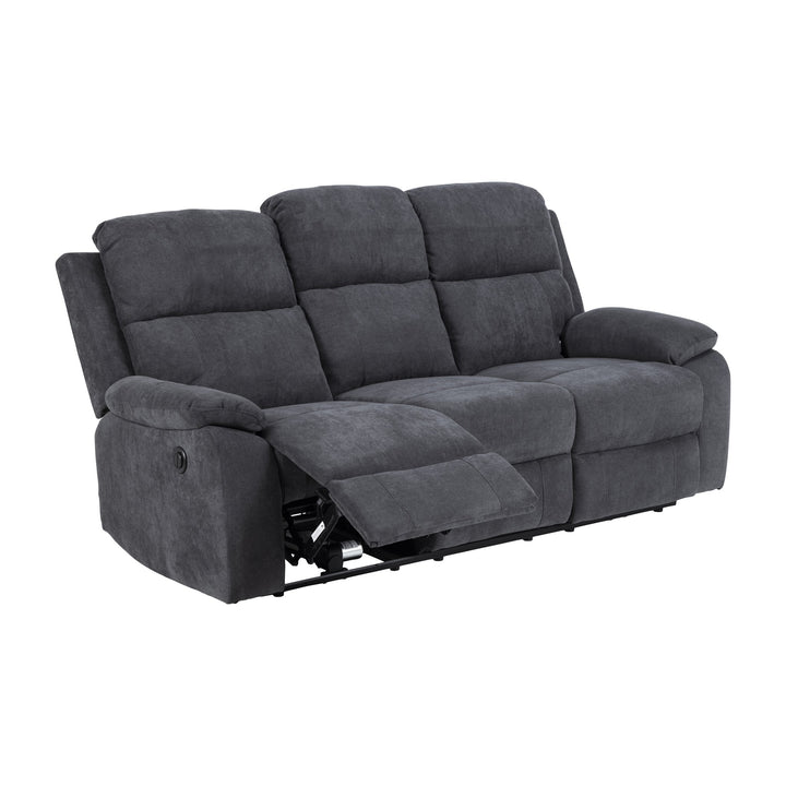 Mora reclinersofa i mørk grått stoff, 3-seter med én utfelt fotstøtte, sett skrått fra siden