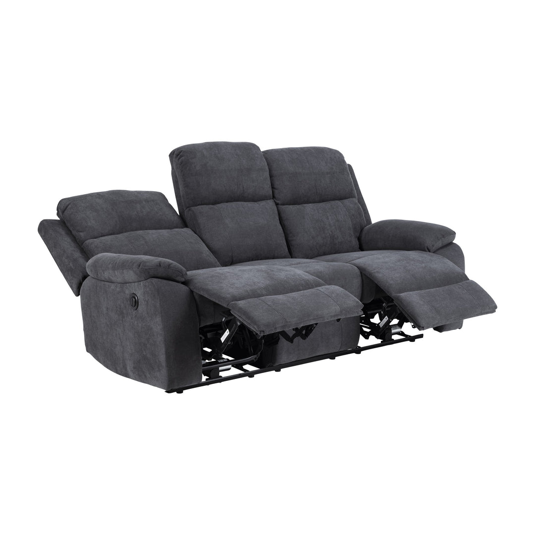 Mora reclinersofa i mørk grått stoff, 3-seter med utfelte fotstøtter, sett skrått forfra