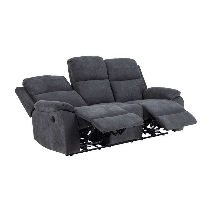 Mora reclinersofa i mørk grått stoff, 3-seter med utfelte fotstøtter, sett skrått forfra