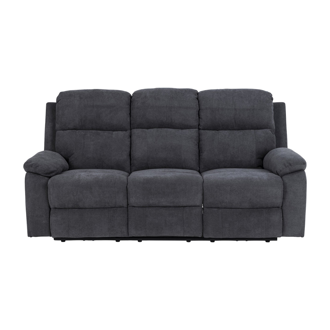 Mora reclinersofa i mørk grått stoff, 3-seter sett rett forfra
