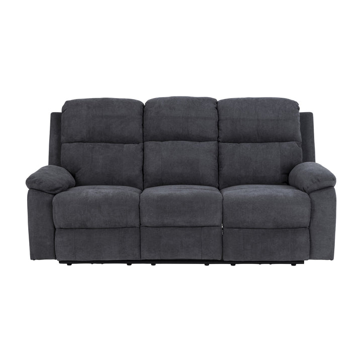 Mora reclinersofa i mørk grått stoff, 3-seter sett rett forfra