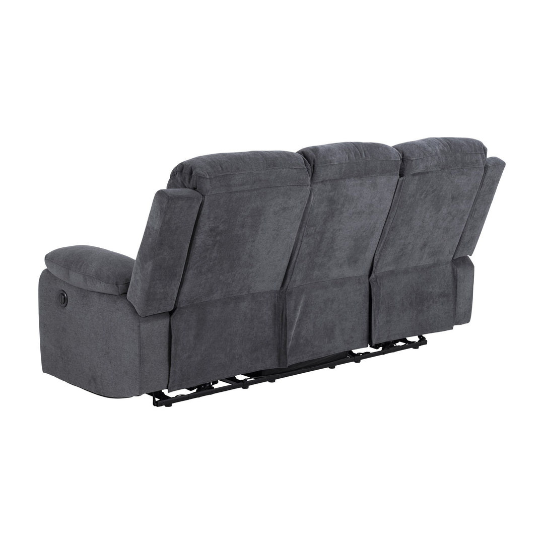 Mora reclinersofa i mørk grått stoff, 3-seter sett bakfra