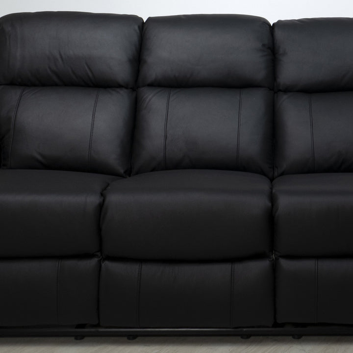 Mora reclinersofa i sort hud/PU, 3-seter sett forfra i nærbilde