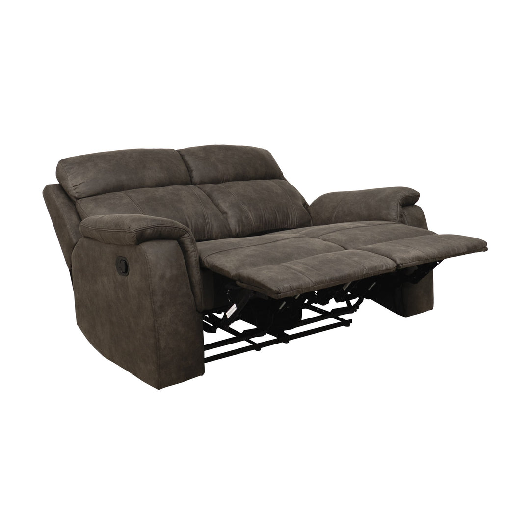 Mayfield sofa i gråbrunt stoff, 2-seter recliner med utfelt fotstøtte og synlig mekanisme