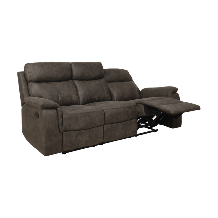 Mayfield sofa i gråbrunt stoff, 3-seter med én utfelt fotstøtte og synlig mekanisme