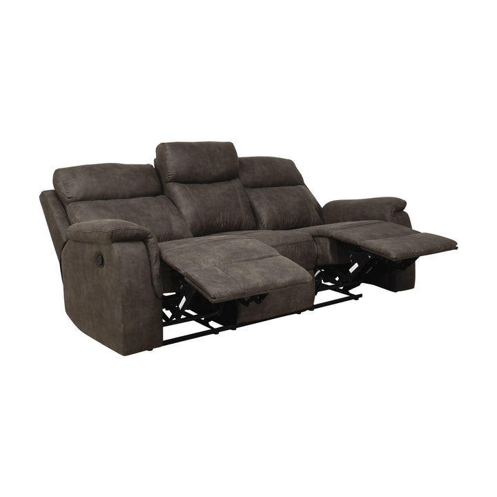 Mayfield sofa i gråbrunt stoff, 3-seter med to utfelte fotstøtter og synlig mekanisme