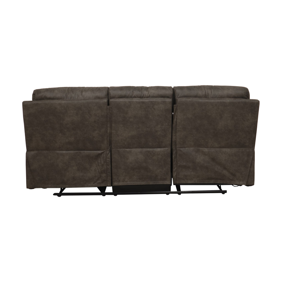 Mayfield sofa i gråbrunt stoff, 3-seter sett bakfra med metallbase