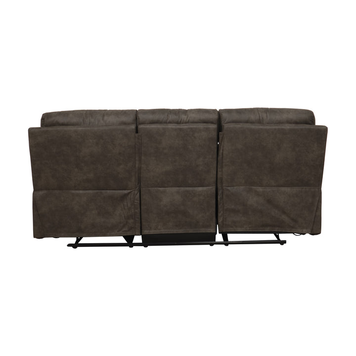 Mayfield sofa i gråbrunt stoff, 3-seter sett bakfra med metallbase