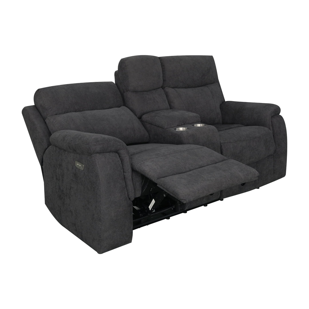 Mayfield sofa i mørk grå stoff, 2-seter med midtkonsoll, koppholdere og utfelt fotstøtte