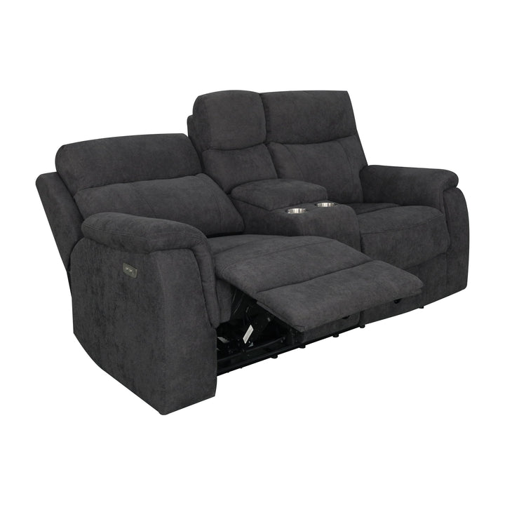 Mayfield sofa i mørk grå stoff, 2-seter med midtkonsoll, koppholdere og utfelt fotstøtte