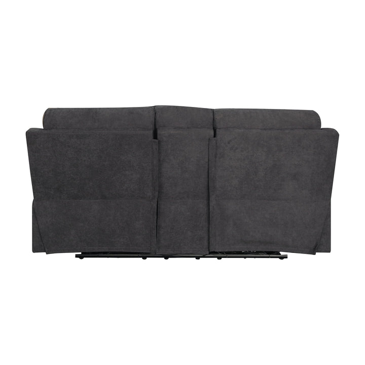 Mayfield sofa i mørk grå stoff, 2-seter deluxe cinema sett bakfra med metallramme