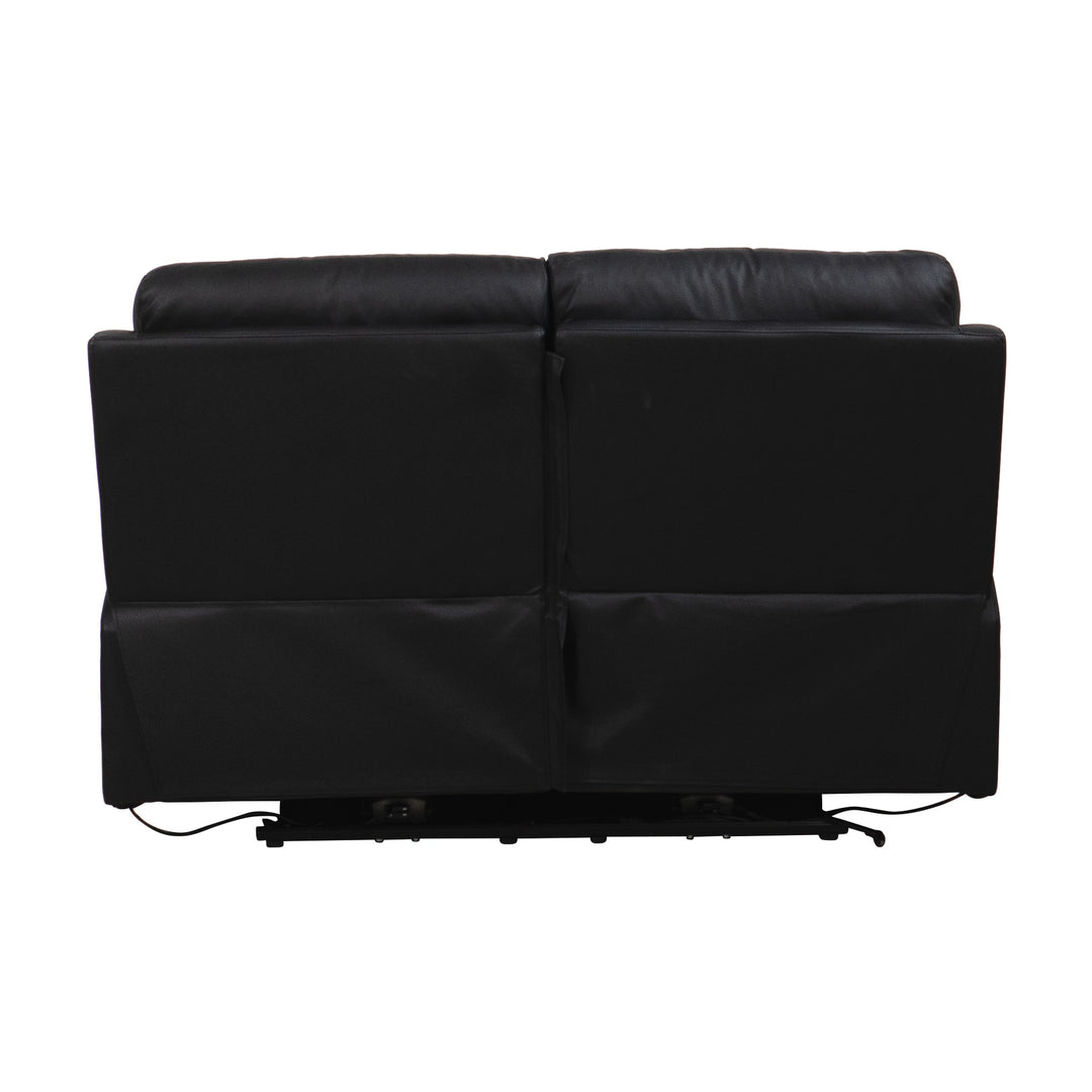 Mayfield sofa i sort skinn, 2-seter sett bakfra med metallbase og kabler