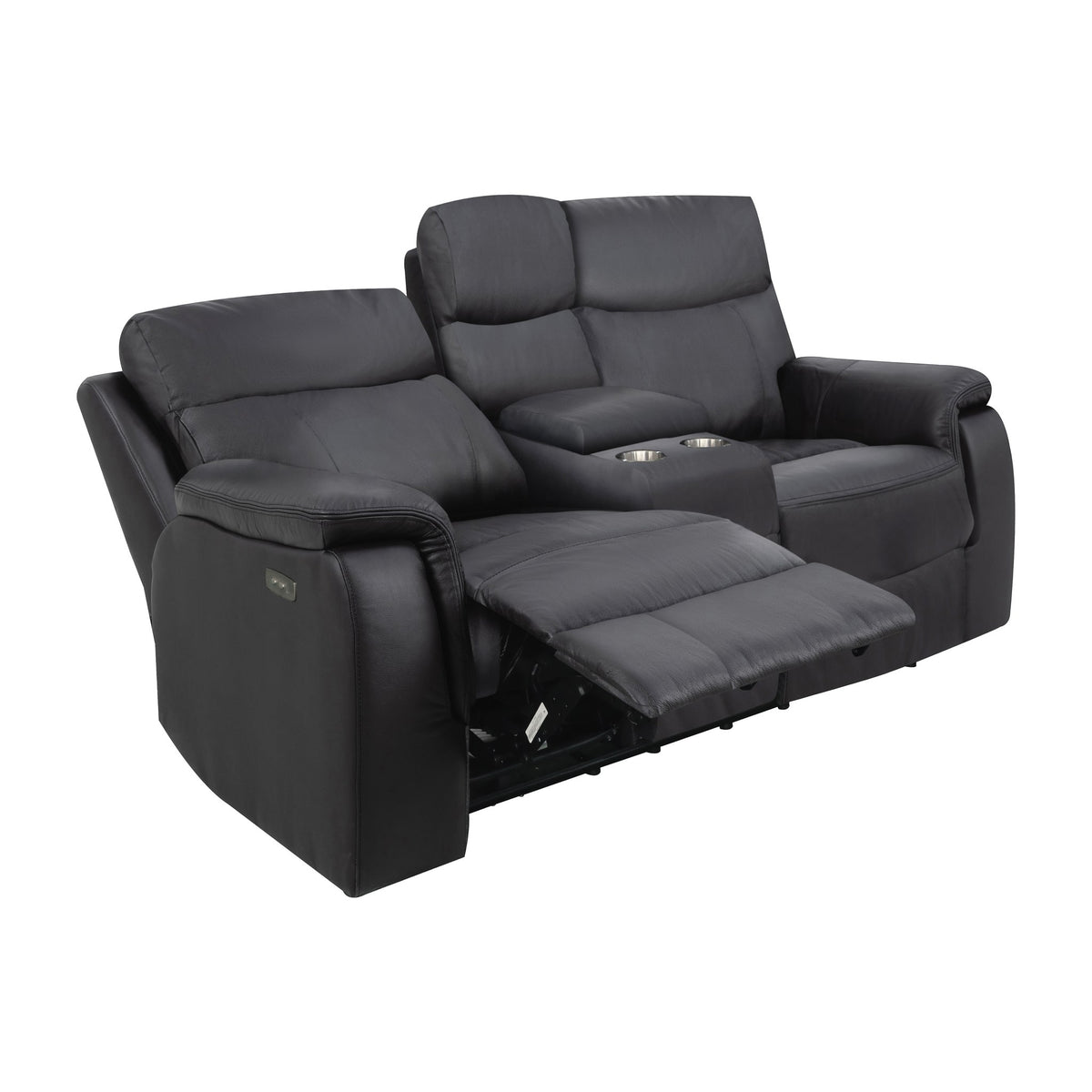 Mayfield sofa i sort skinn, 2-seter med midtkonsoll, koppholdere og utfelt fotstøtte
