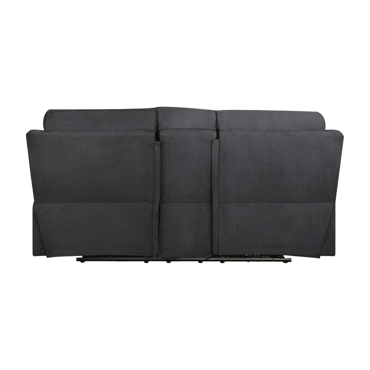 Mayfield sofa i mørk grå stoff, 2-seter deluxe cinema sett bakfra med synlig metallramme