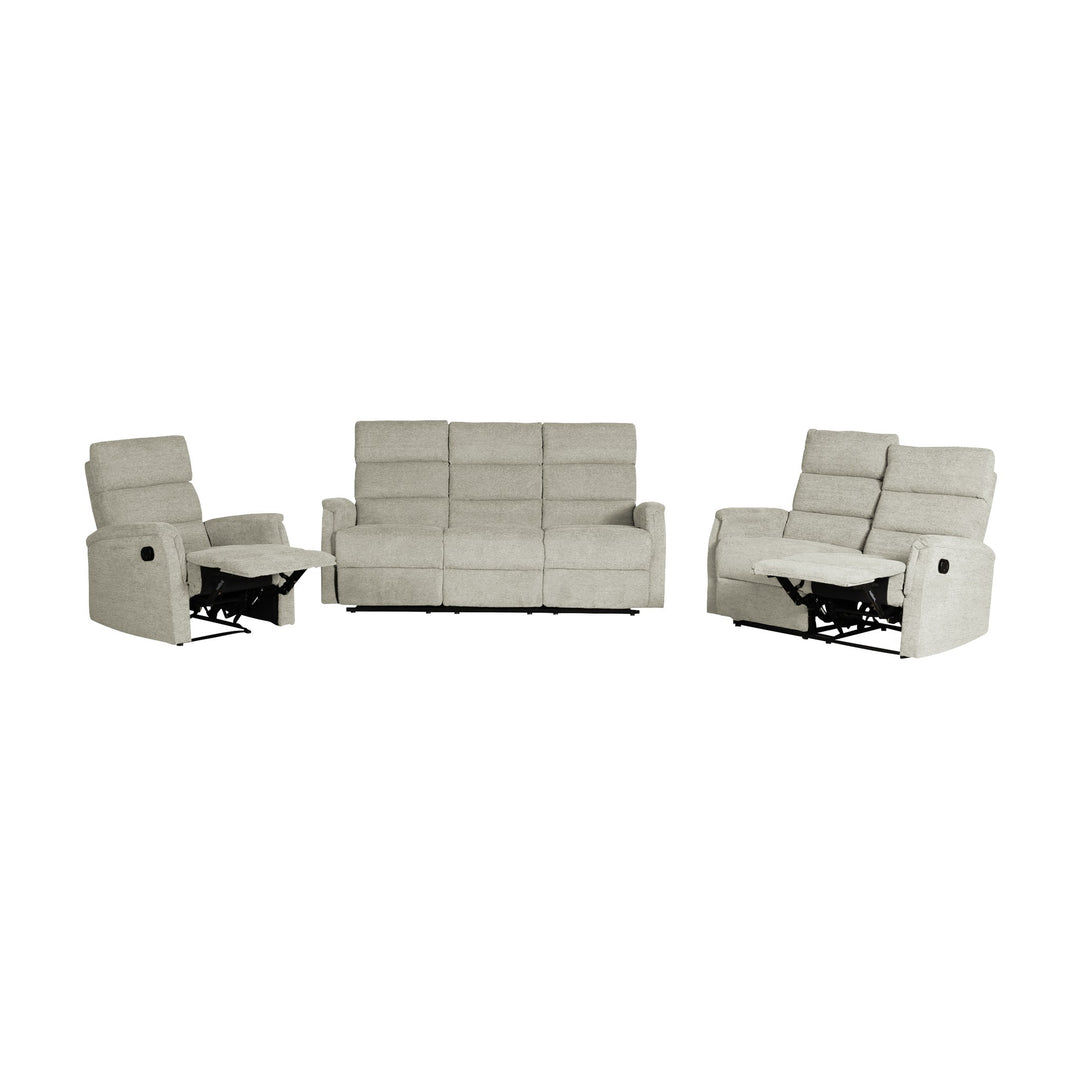 Houston sofagruppe i sandfarget stoff med recliner-stol, 2-seter og 3-seter