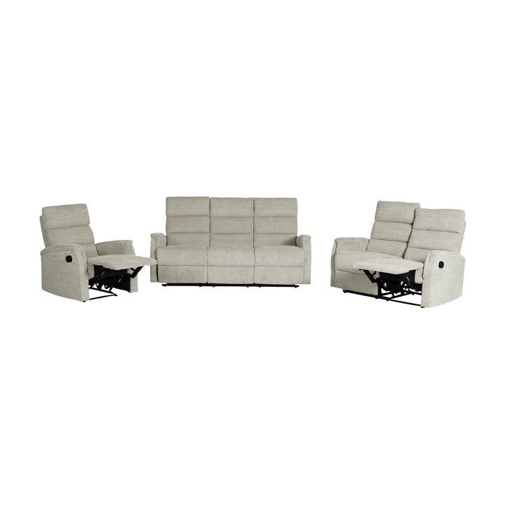 Houston sofagruppe i sandfarget stoff med recliner-stol, 2-seter og 3-seter