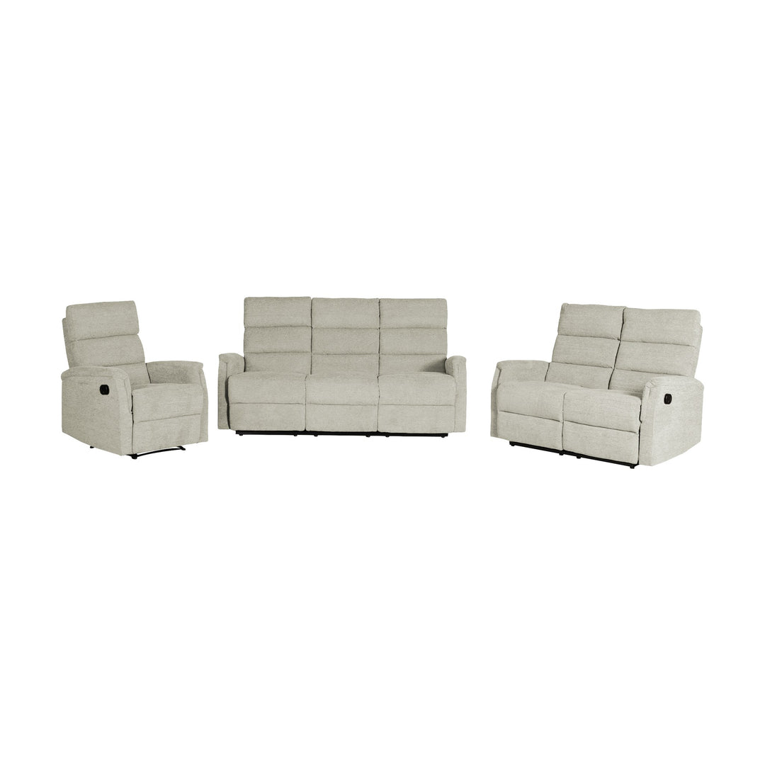 Houston sofagruppe i sandfarget stoff med recliner, 3-seter og 2-seter