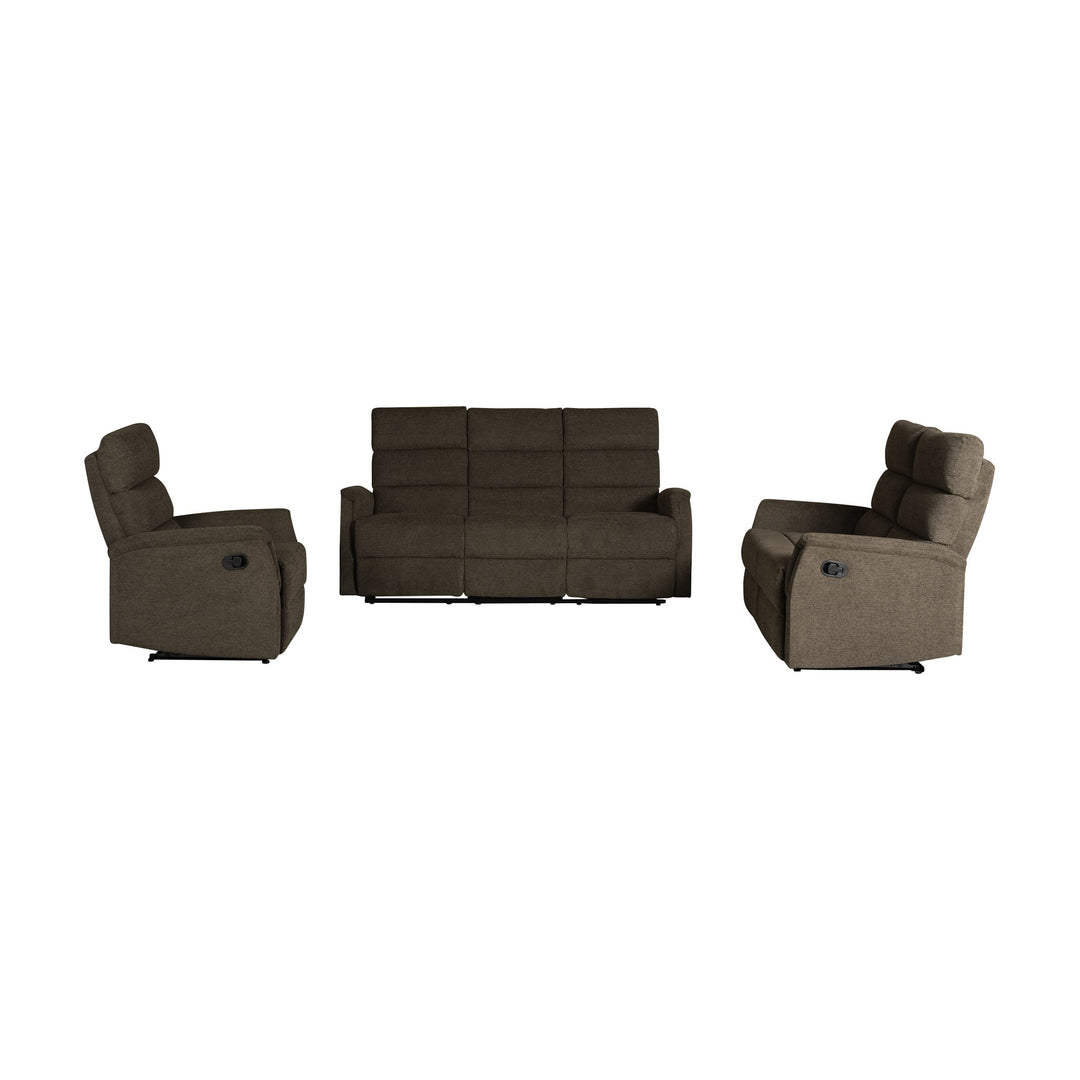 Houston sofagruppe i brunt stoff med recliner-stol, 3-seter og 2-seter