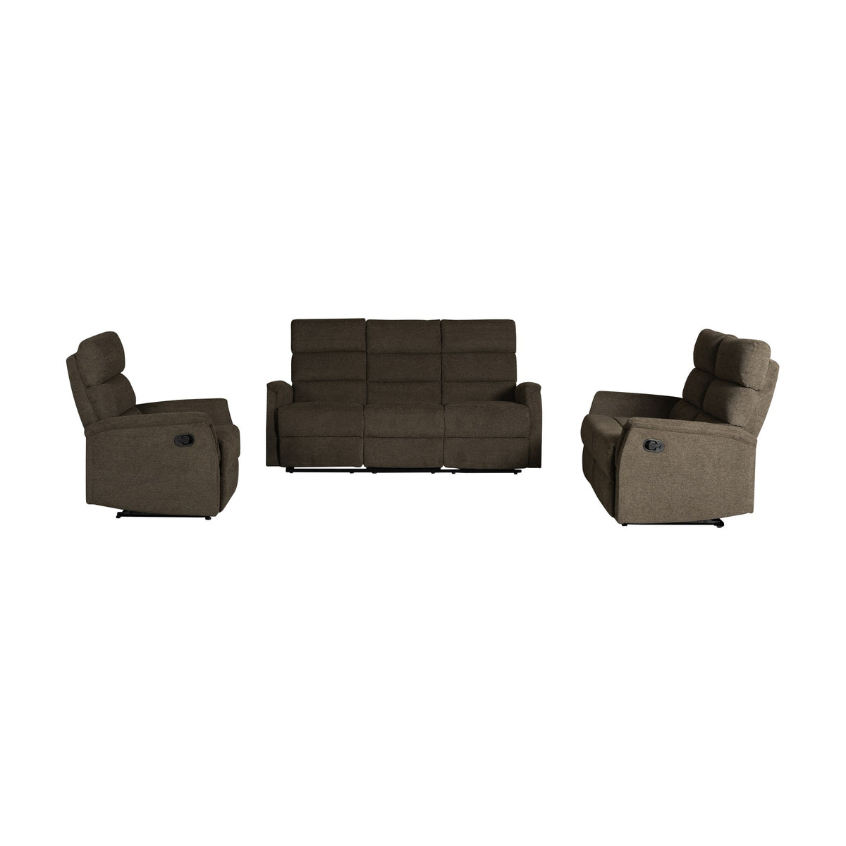Houston sofagruppe i brunt stoff med recliner-stol, 3-seter og 2-seter