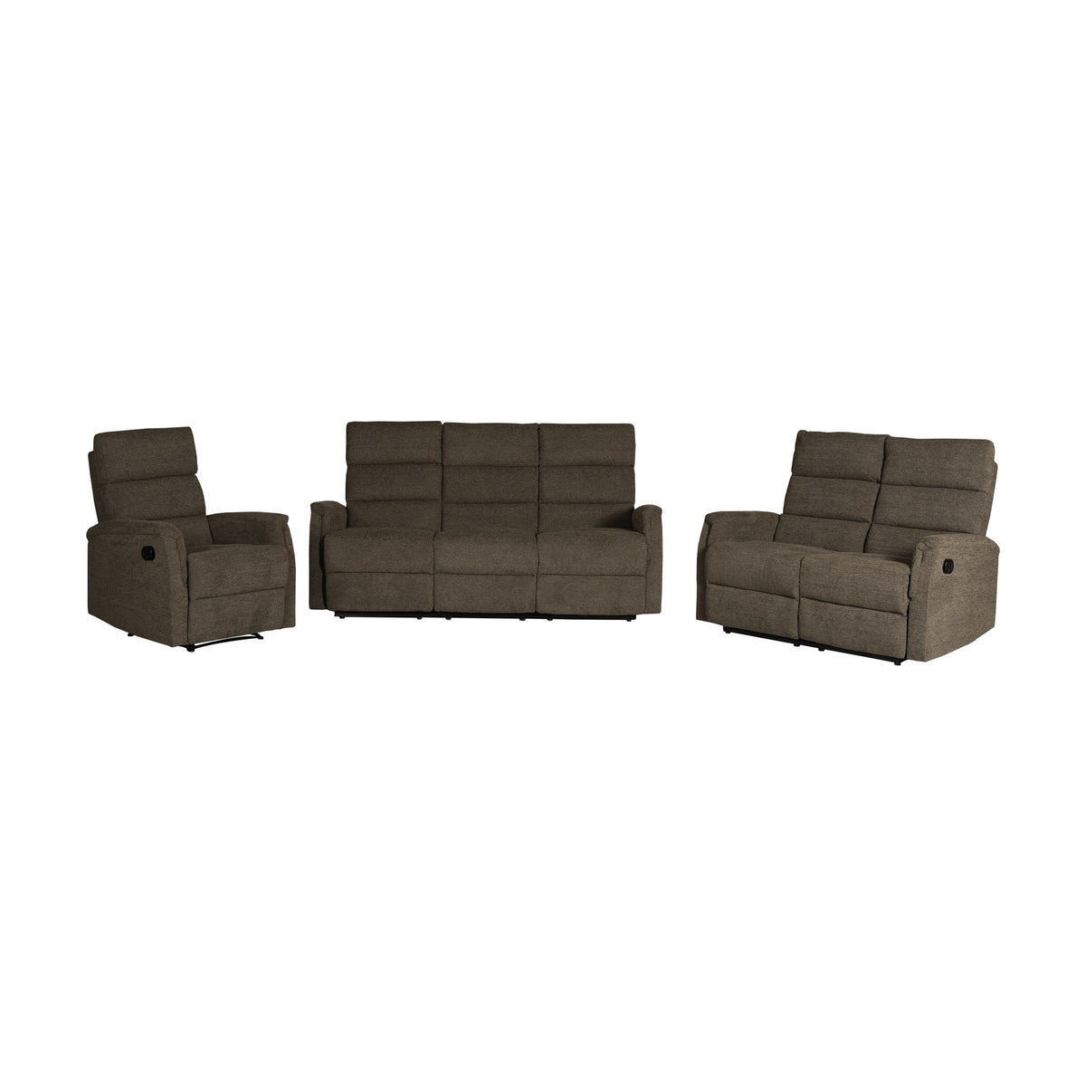 Houston sofagruppe i brunt stoff med recliner, 3-seter og 2-seter