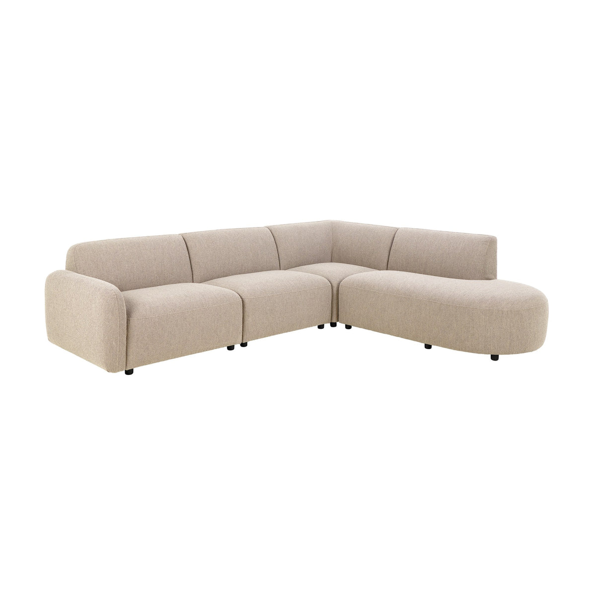 Rushville hjørnesofa i beige bouclé, åpent hjørne med avrundet sjeselong til høyre, hvit bakgrunn