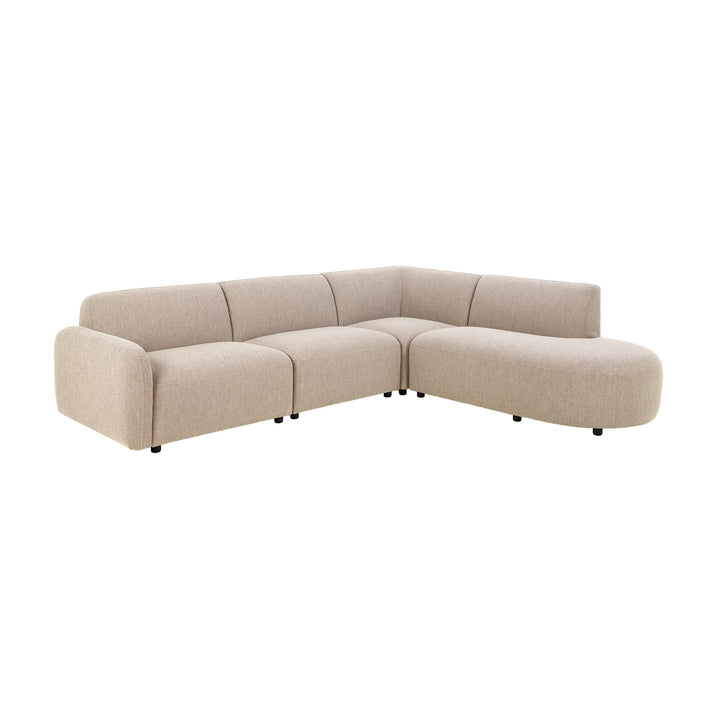 Rushville hjørnesofa i beige bouclé, åpent hjørne med avrundet sjeselong til høyre, hvit bakgrunn