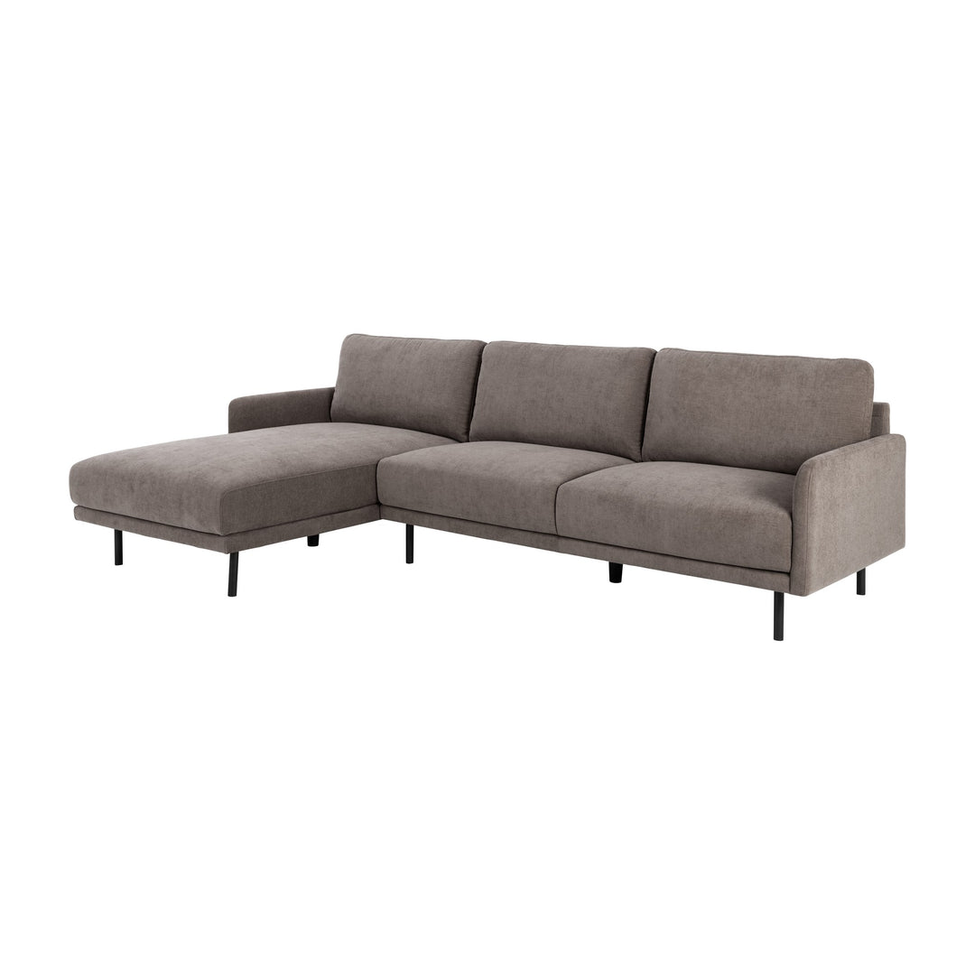 Bangkok sofa i gråbrun chenille med sjeselong og sorte metallben
