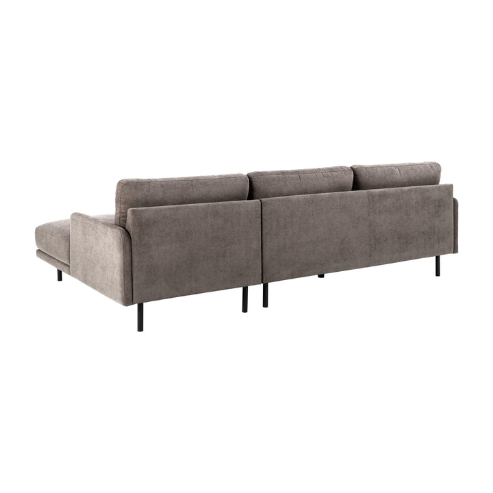 Bangkok sofa i gråbrun chenille med høyrevendt sjeselong, sett bakfra