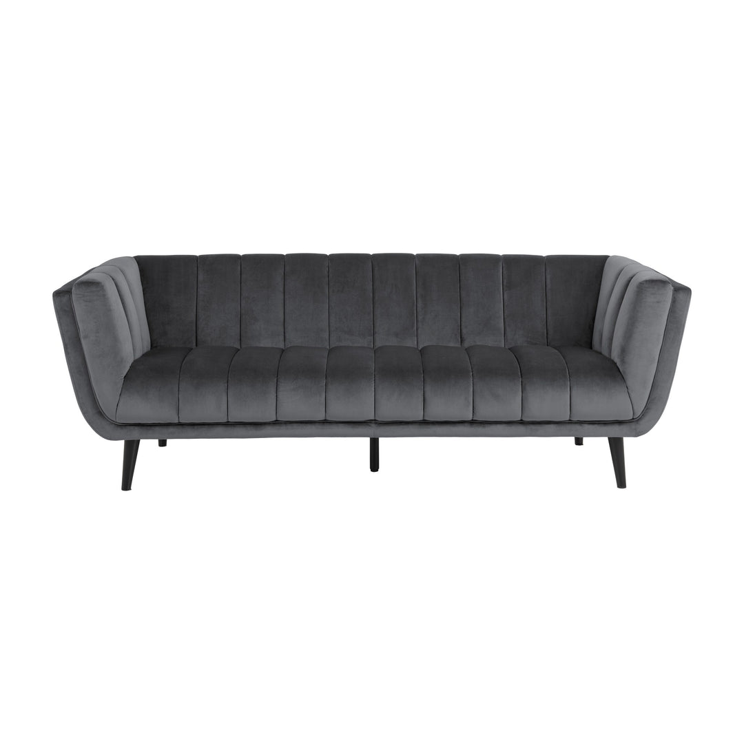 Tampa sofa i mørk grå velur med kanaltrukket rygg og sorte ben