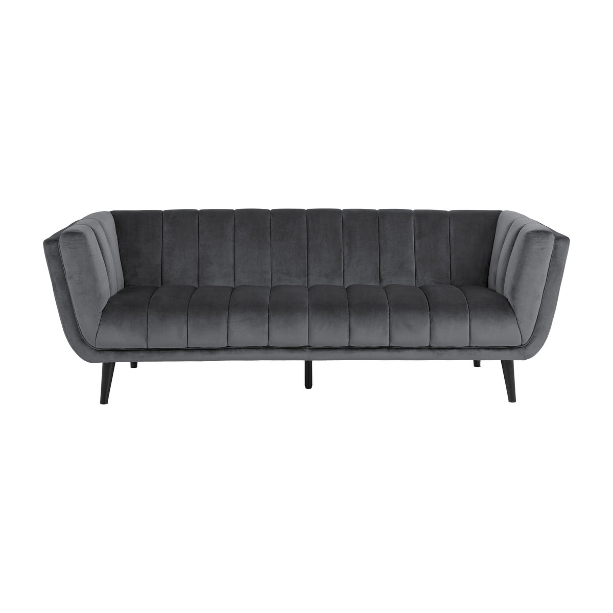 Tampa sofa i mørk grå velur med kanaltrukket rygg og sorte ben