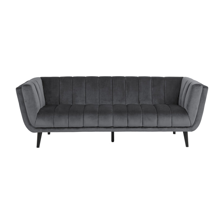 Tampa sofa i mørk grå velur med kanaltrukket rygg og sorte ben