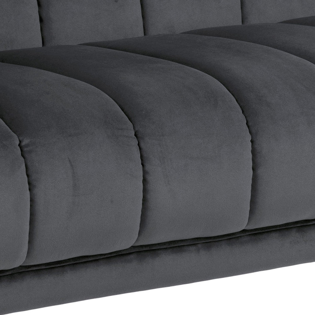 Tampa sofa i mørk grå velur, nærbilde av kanaltrukket sete