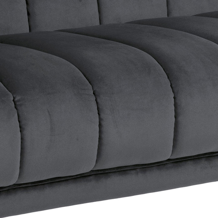 Tampa sofa i mørk grå velur, nærbilde av kanaltrukket sete