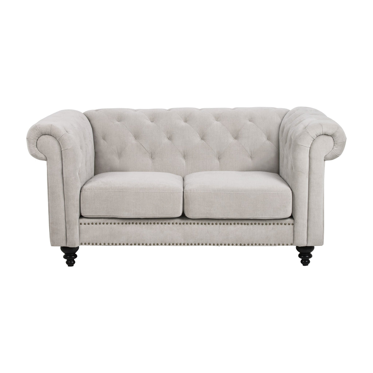 Charlietown sofa i beige linstoff med chesterfieldsøm og naglebånd