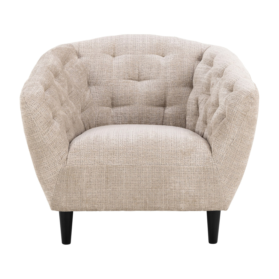 Ria stol i beige chenille med tuftet rygg og sorte ben