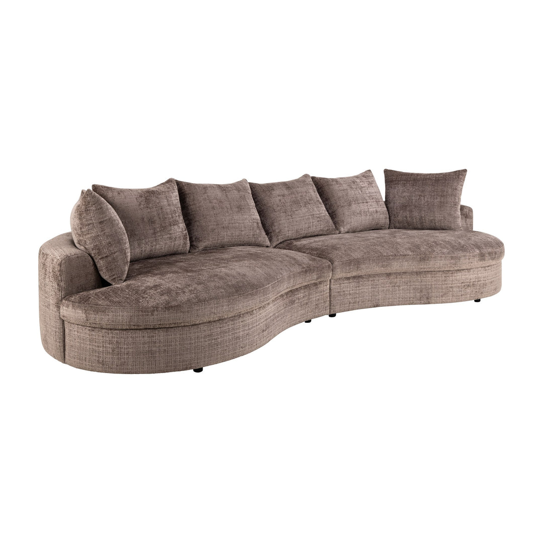 Cordova sofa i gråbrun stoff, buet modulsofa med løse ryggputer og sorte ben