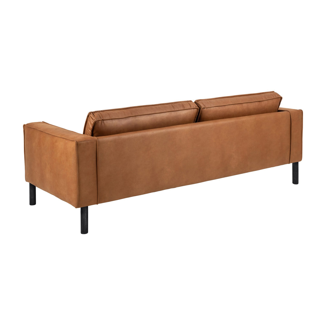 Montebello 3-seter sofa i konjakkfarget skinn med svarte ben, sett bakfra.