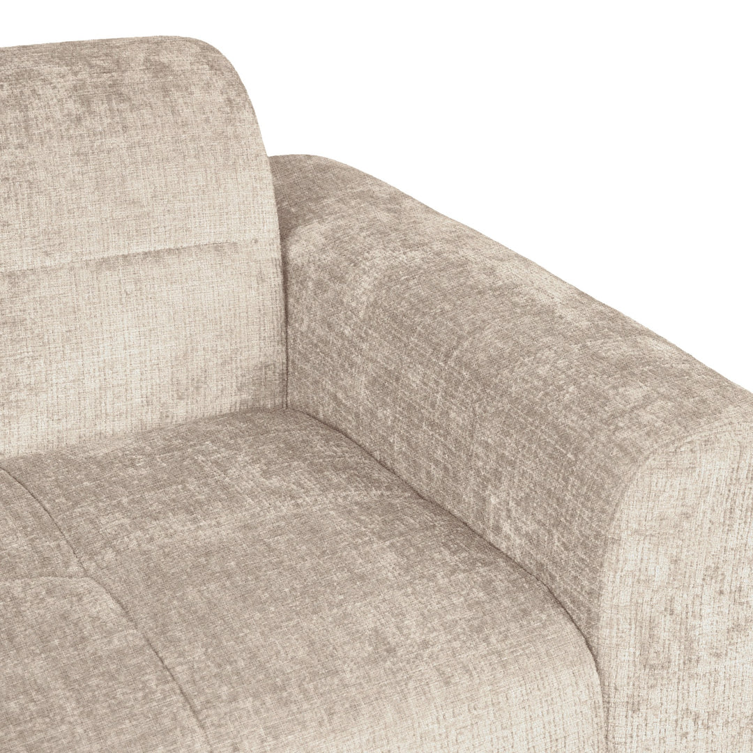 Columbia sofa i beige chenille, nærbilde av armlene og rygg
