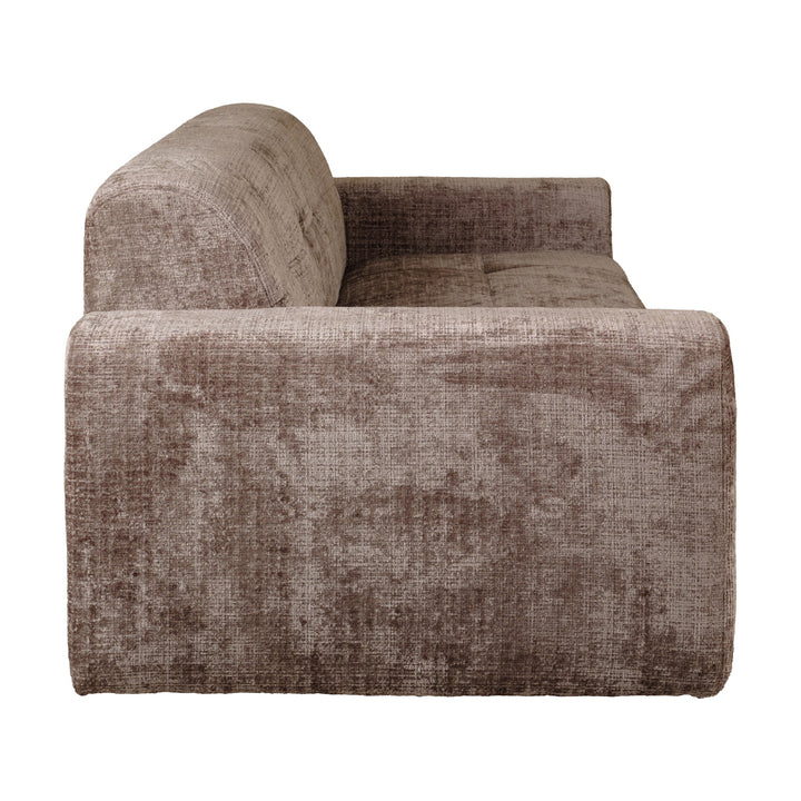 Columbia 3-seter sofa i gråbrun chenille, sett fra siden med myke armlener
