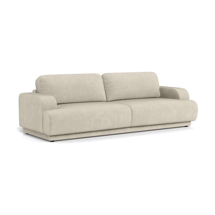 Riverland sofa i lys beige stoff med avrundet rygg og sorte ben